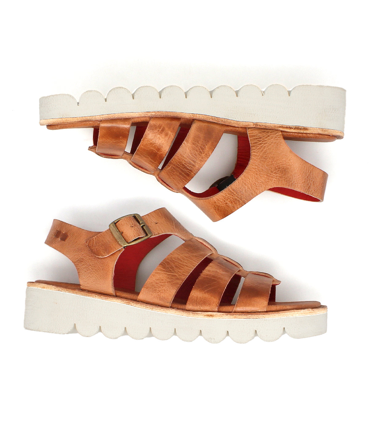 A pair of Bed Stu "Perfect" brown leather platform sandals with thick white scalloped soles, cushioned footbeds, and buckle straps displayed side by side.