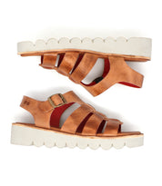 A pair of Bed Stu "Perfect" brown leather platform sandals with thick white scalloped soles, cushioned footbeds, and buckle straps displayed side by side.