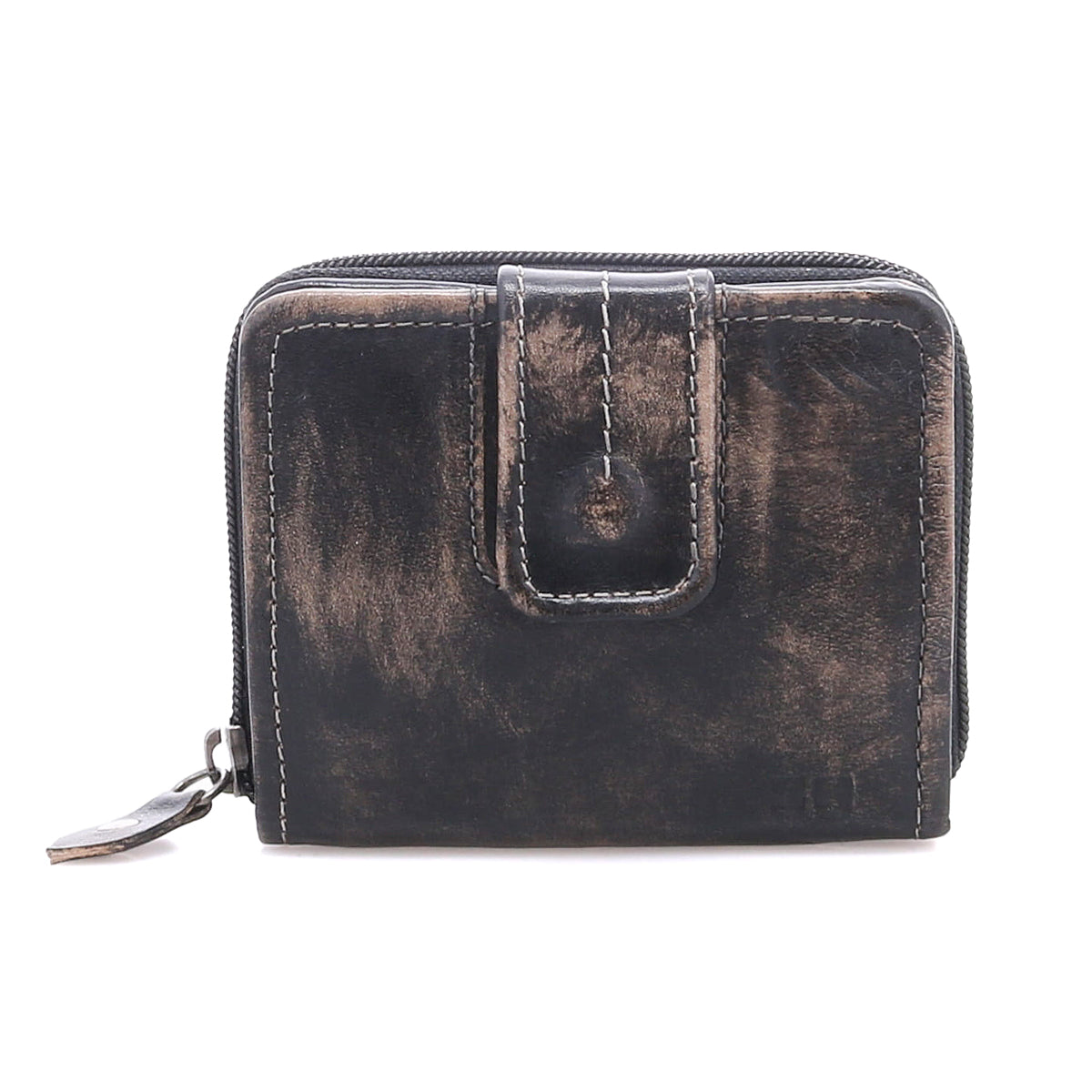 The Bed Stu Plus is a compact, square black leather wallet featuring a zipper closure, front strap, and zippered coin pocket, shown against a white background.