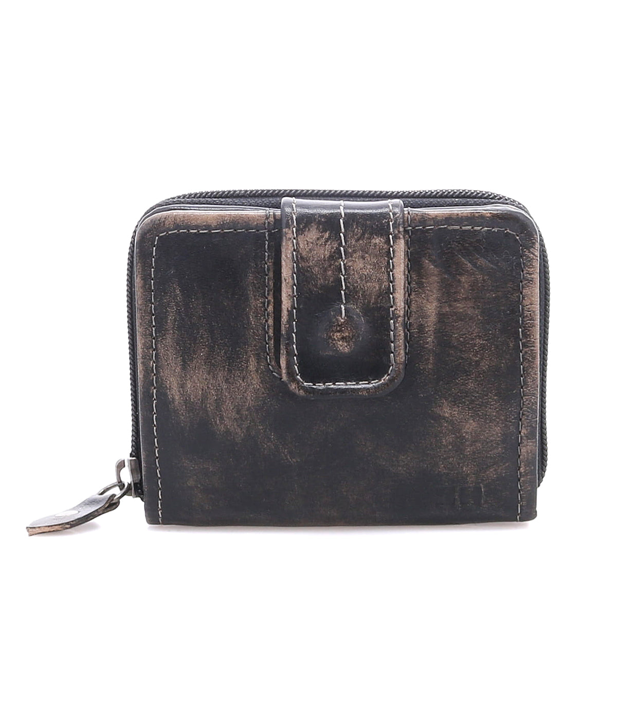 The Bed Stu Plus is a compact, square black leather wallet featuring a zipper closure, front strap, and zippered coin pocket, shown against a white background.