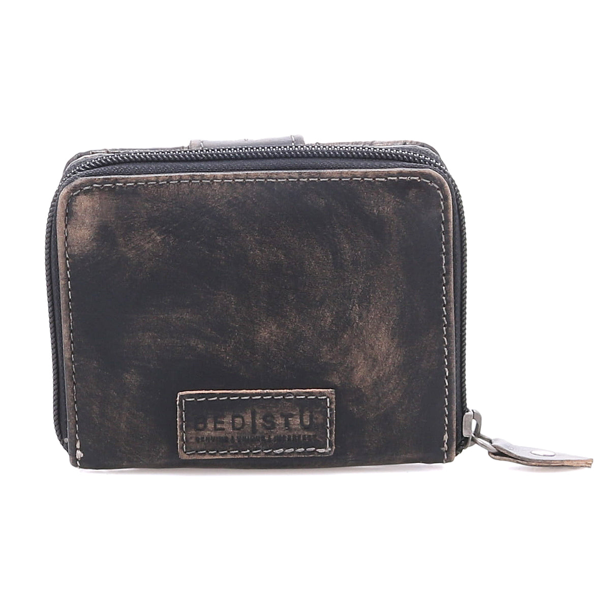 A small, rectangular, distressed brown compact leather wallet by Bed Stu called Plus features a zippered coin pocket and a stitched label on the front reading “JEDISTII.”.