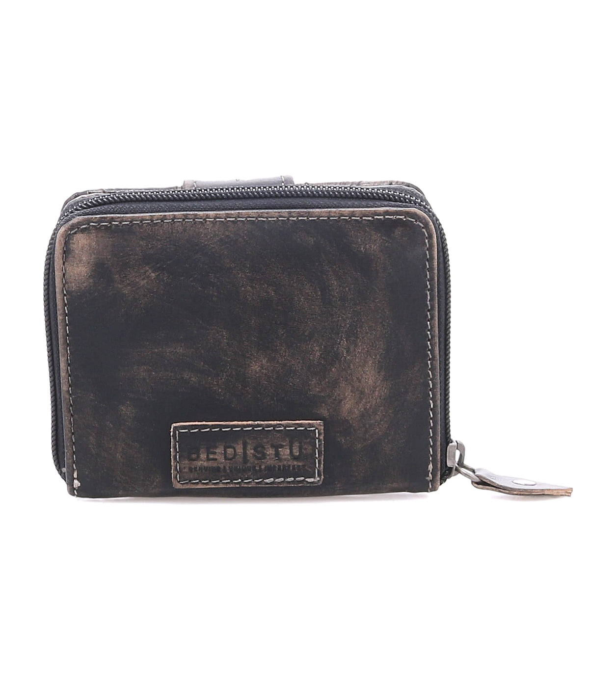 A small, rectangular, distressed brown compact leather wallet by Bed Stu called Plus features a zippered coin pocket and a stitched label on the front reading “JEDISTII.”.