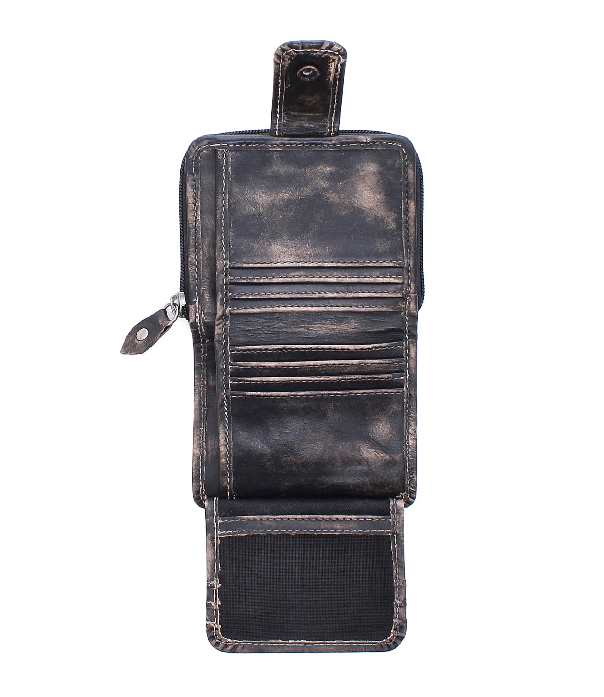 The Bed Stu Plus is an open, black bifold wallet featuring card slots, a zippered coin pocket, and a snap closure tab at the top.