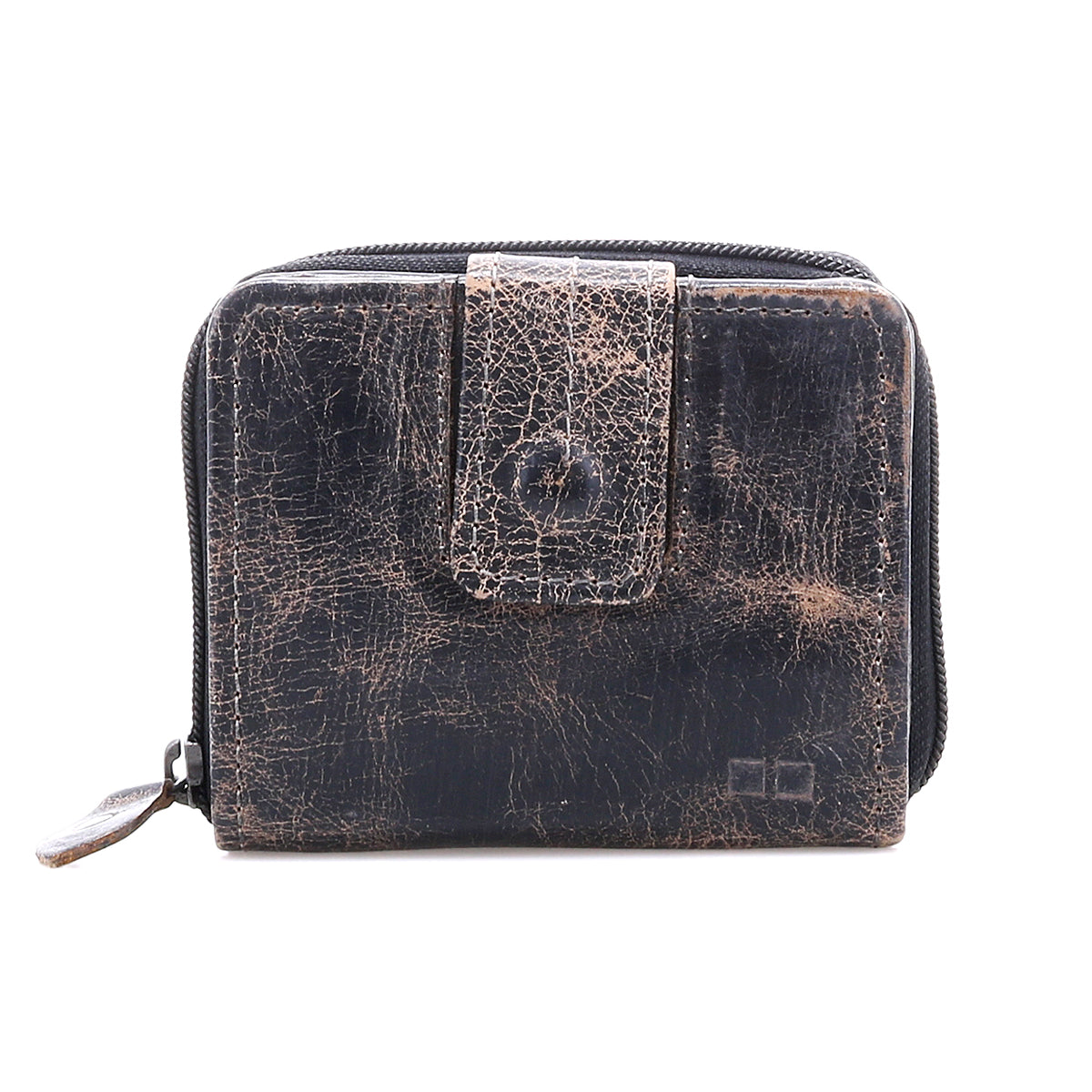 The Bed Stu Plus is a dark bifold wallet featuring visible creases and a side zippered coin pocket, shown against a white background.