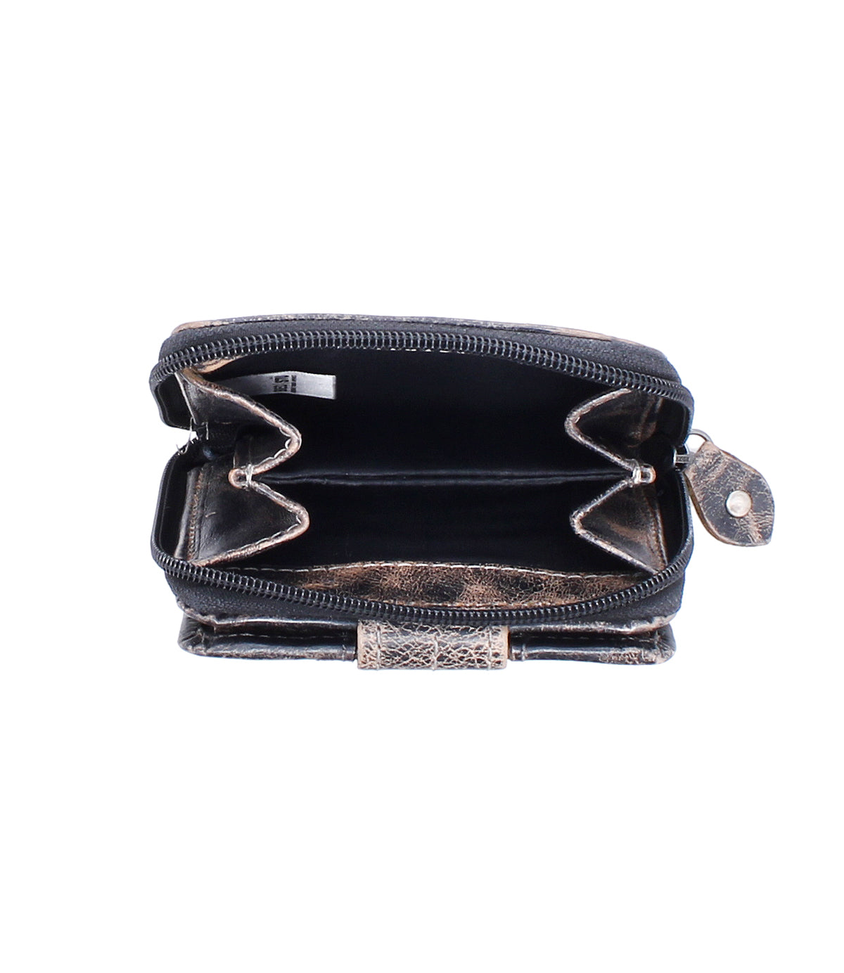 The Bed Stu Plus is a small, empty bifold wallet featuring a zippered opening and two compartments, photographed against a white background.