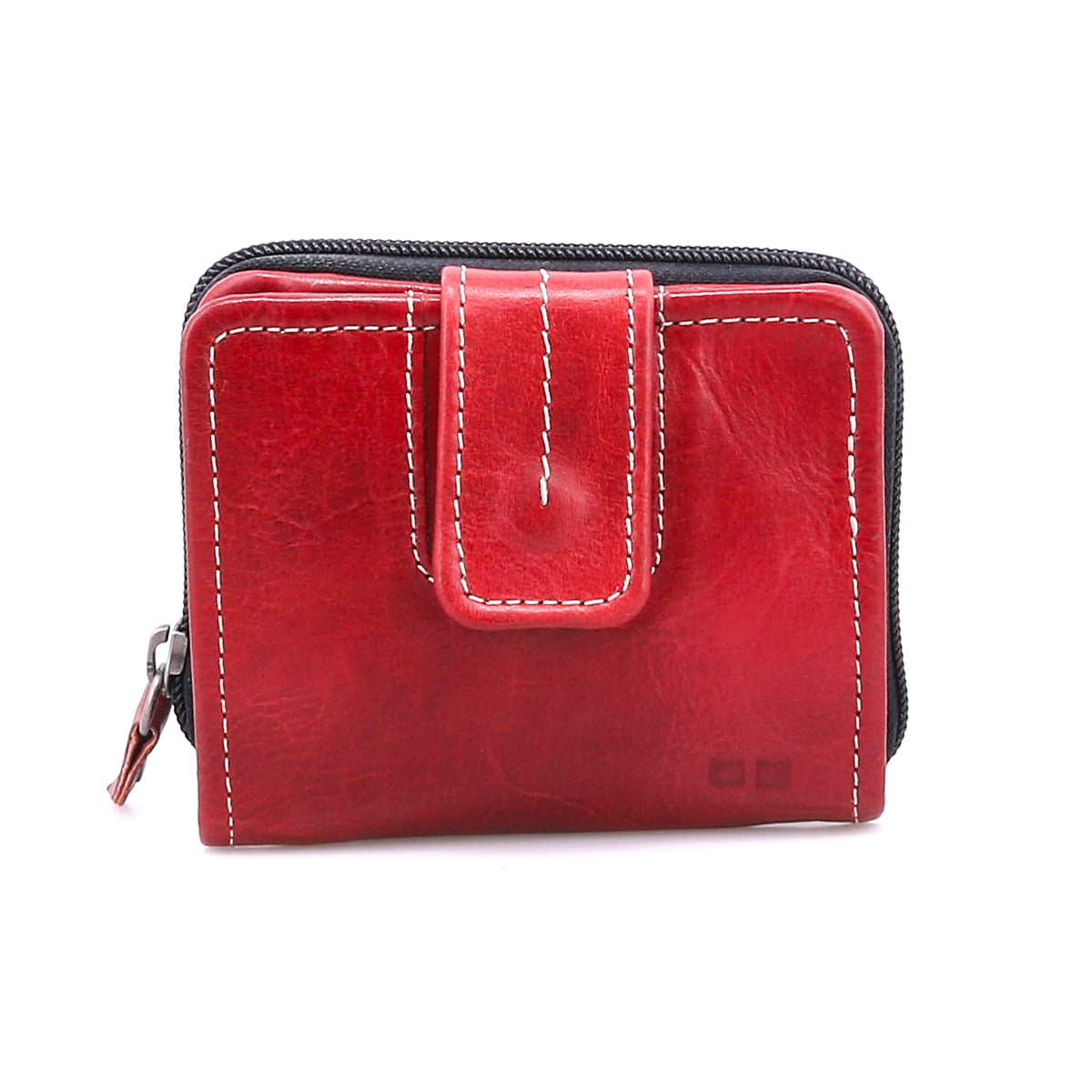 The Bed Stu Plus is a compact red leather wallet with white stitching, featuring a snap flap closure, bifold design, and side zip coin pocket.