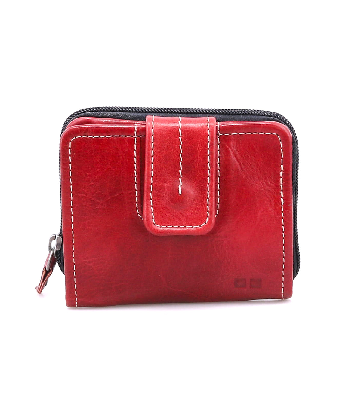 The Bed Stu Plus is a compact red leather wallet with white stitching, featuring a snap flap closure, bifold design, and side zip coin pocket.