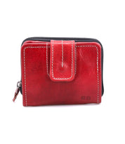 The Bed Stu Plus is a compact red leather wallet with white stitching, featuring a snap flap closure, bifold design, and side zip coin pocket.
