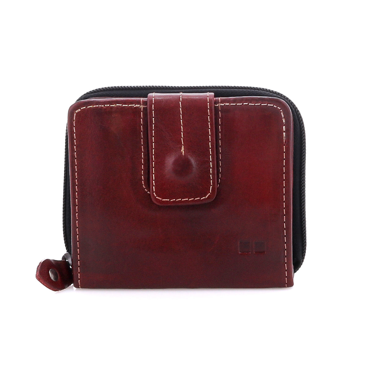 The Bed Stu Plus wallet is a closed, dark red compact leather wallet featuring white stitching, a snap closure, and a zippered coin pocket along the edge.