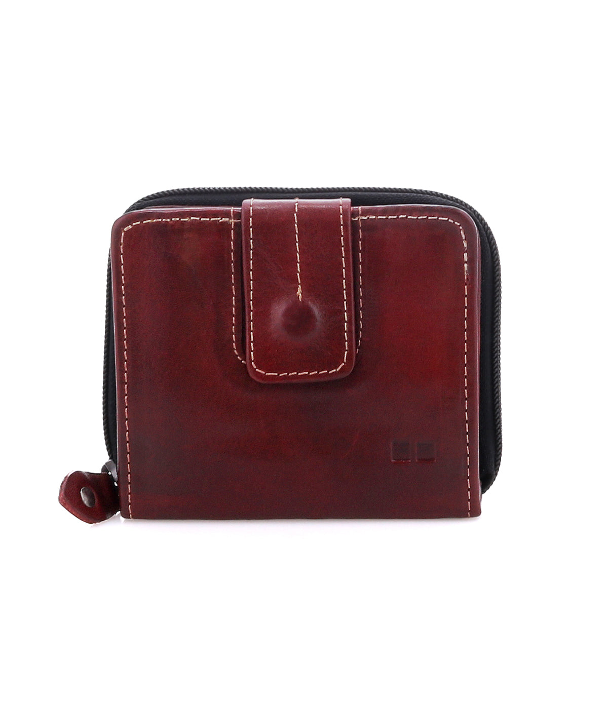 The Bed Stu Plus wallet is a closed, dark red compact leather wallet featuring white stitching, a snap closure, and a zippered coin pocket along the edge.