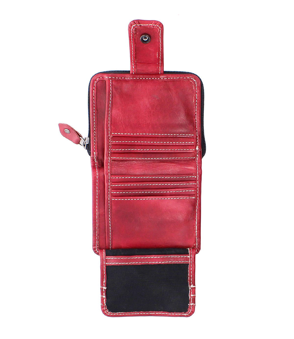 The Bed Stu Plus is a red compact leather wallet with white stitching, multiple card slots, a zippered coin pocket, and a snap closure, shown open on a white background.