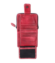 The Bed Stu Plus is a red compact leather wallet with white stitching, multiple card slots, a zippered coin pocket, and a snap closure, shown open on a white background.
