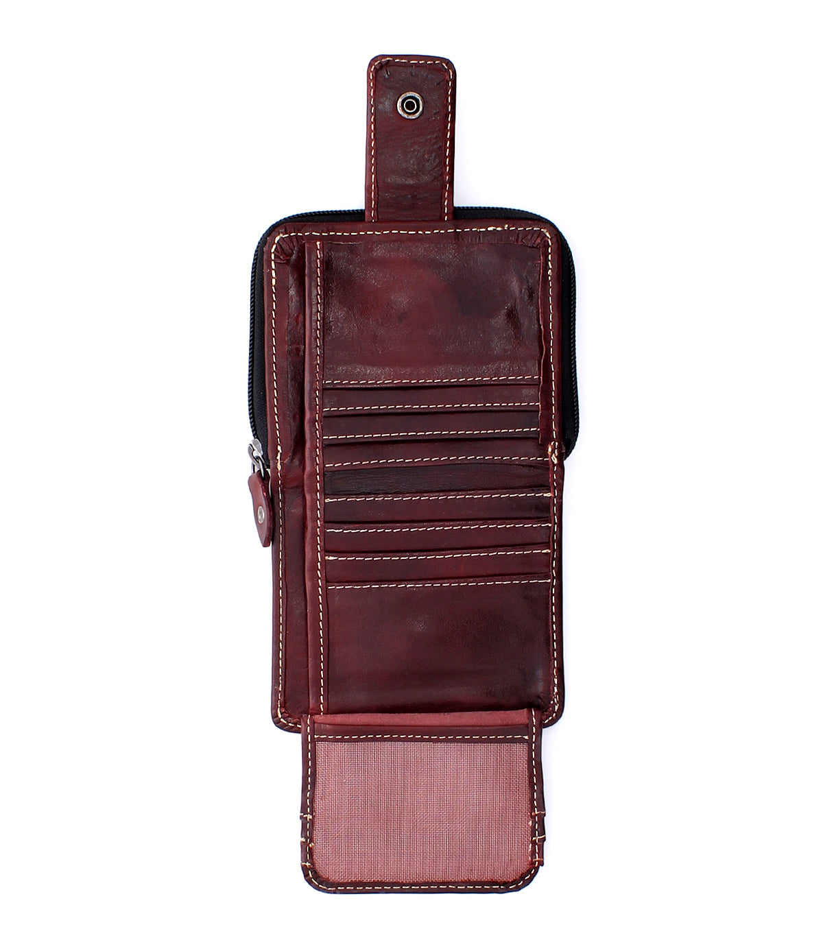 The Bed Stu Plus is a brown compact leather wallet featuring multiple card slots, a clear ID window, snap button closure, and visible stitching—ideal as a bifold wallet for everyday use.