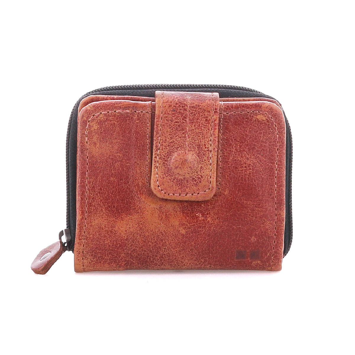 A brown leather Bed|Stü Plus bifold wallet featuring a zip-around closure and a snap-button strap.