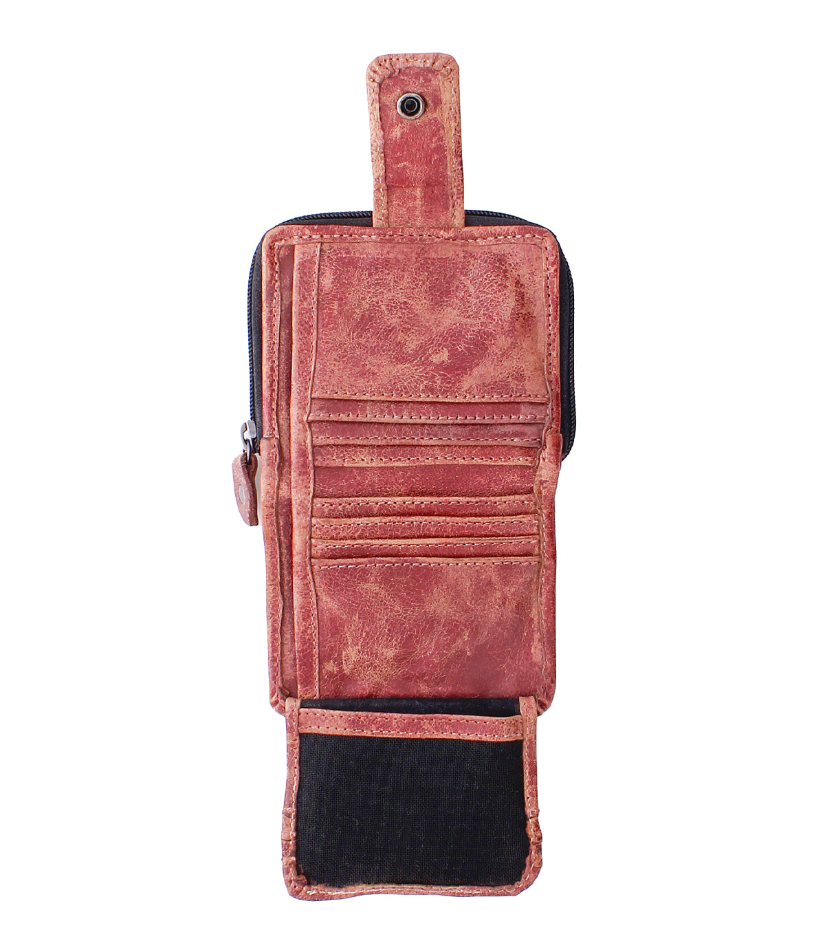 Open reddish-brown Bed|Stü Plus compact leather bifold wallet with multiple card slots, a zippered coin pocket, and a snap closure.