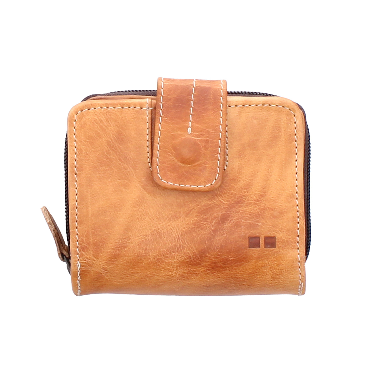 The Plus bifold wallet by Bed Stu is crafted from brown leather, featuring a secure button closure and an elegant black zipper on top.