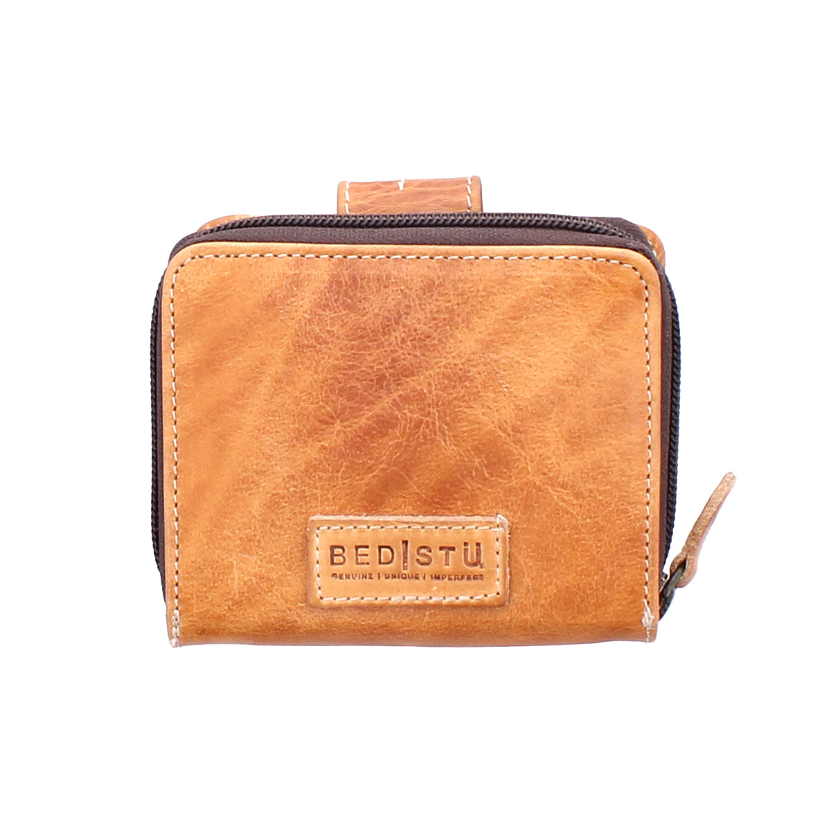 The "Plus" wallet by Bed Stu is a rectangular brown leather design with a zipper and bifold versatility, featuring a visible logo on the front.
