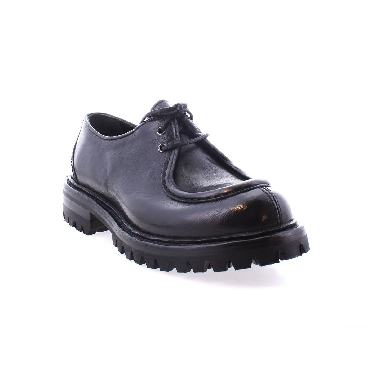 The Portare by Bed Stu is a black leather lace-up shoe with a rugged, thick sole and a vintage-inspired design, expertly crafted in an Italian factory.