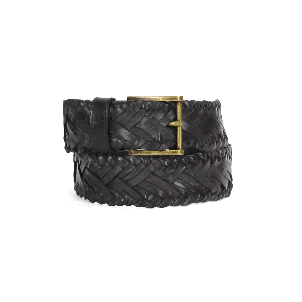 The Bed Stu Proem is a coiled, dark brown handwoven leather belt featuring a vintage metal buckle, shown on a plain white background.