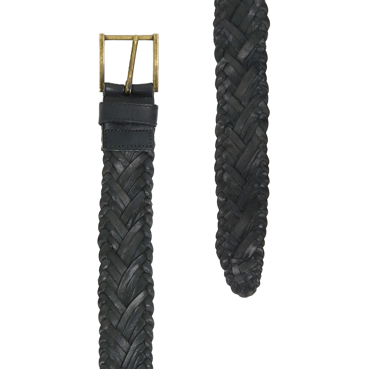 The Bed Stu Proem is a black handwoven leather belt featuring a vintage metal buckle, shown with both the buckle and pointed tip visible on a white background.