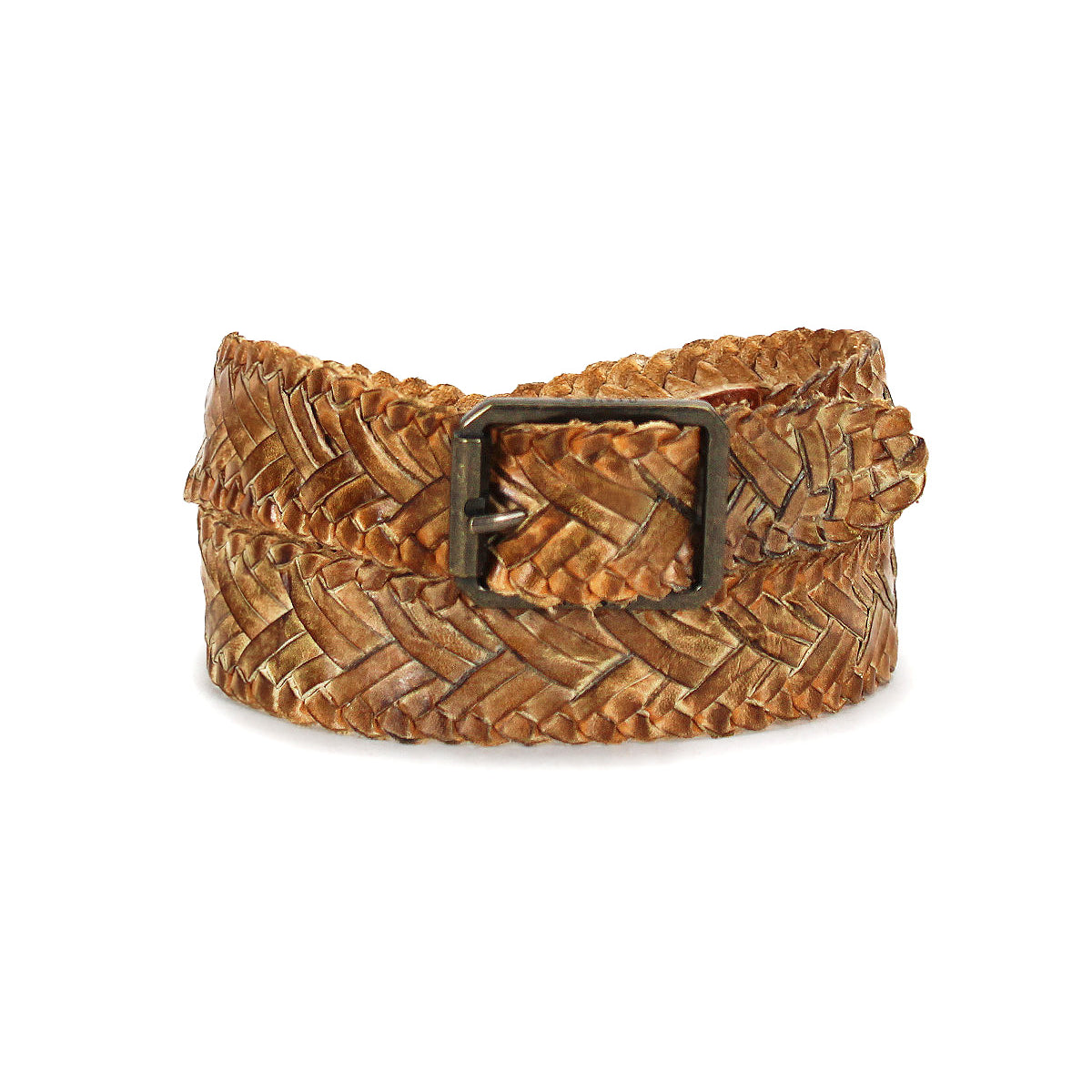 The Bed Stu Proem is a brown handwoven leather belt featuring a vintage metal buckle, shown coiled on a white background.