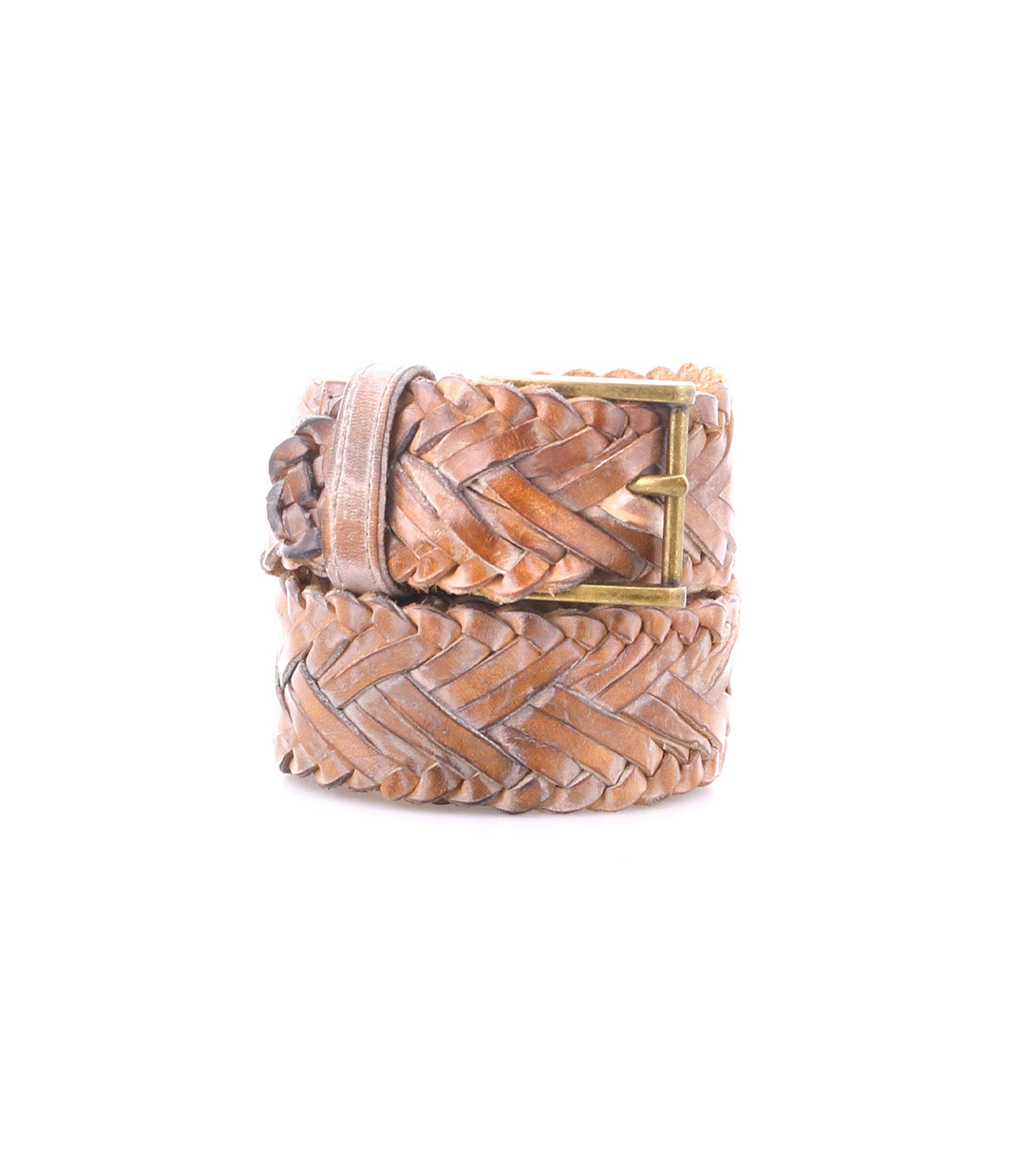The Bed Stu Proem is a coiled brown handwoven leather belt with a vintage metal buckle, shown on a white background for a rustic, casual look.