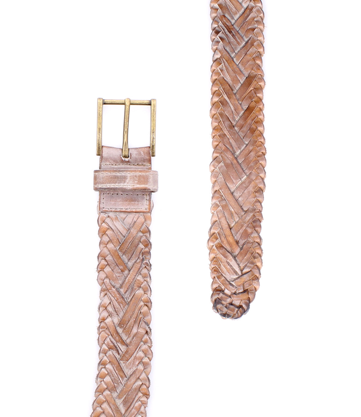 The Bed Stu Proem is a tan handwoven leather belt with a vintage metal buckle, shown laid flat on a white background—ideal for adding rustic, casual style to any outfit.