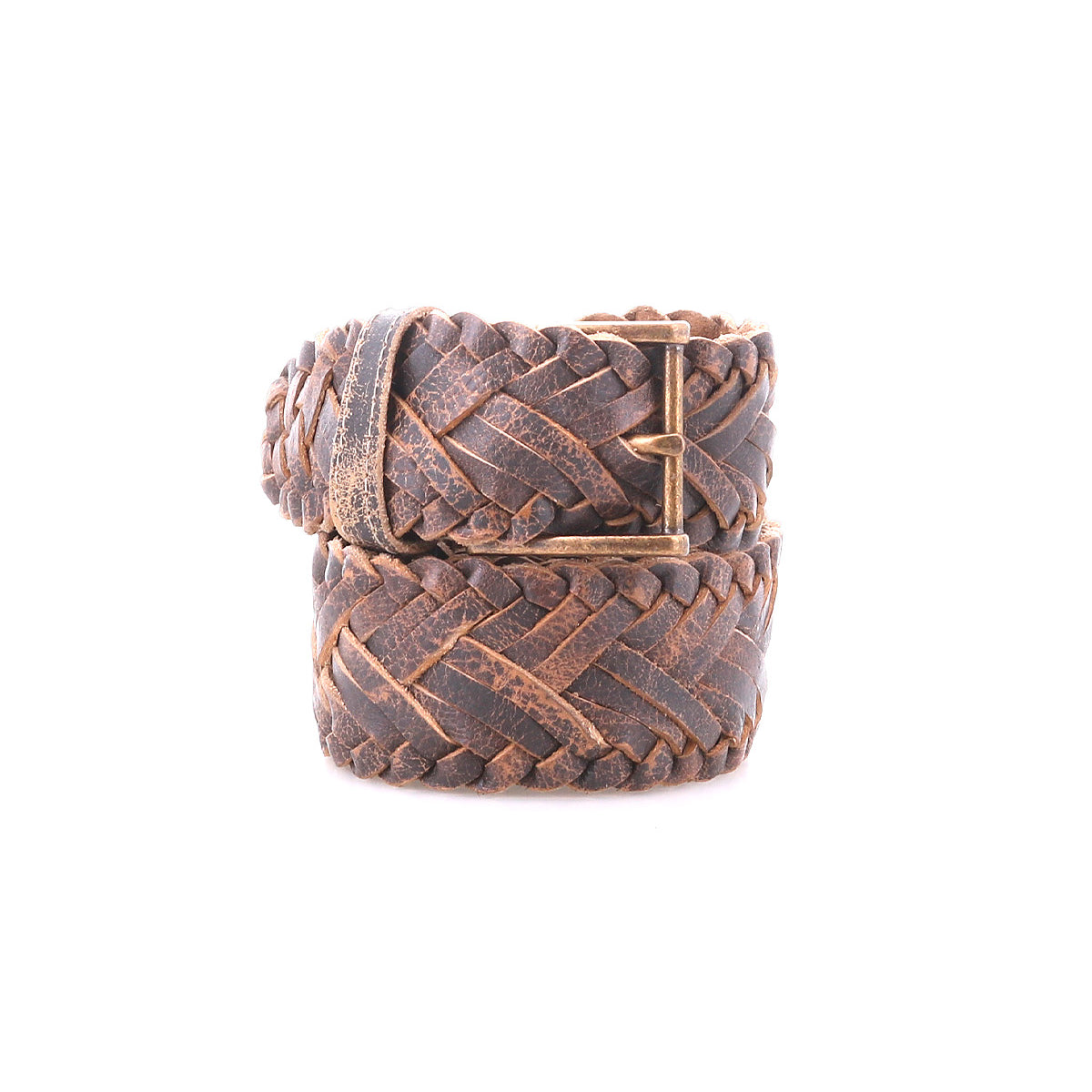 The Bed Stu Proem is a coiled, brown handwoven leather belt with a vintage metal buckle, shown against a plain white background—ideal for rustic casual style.