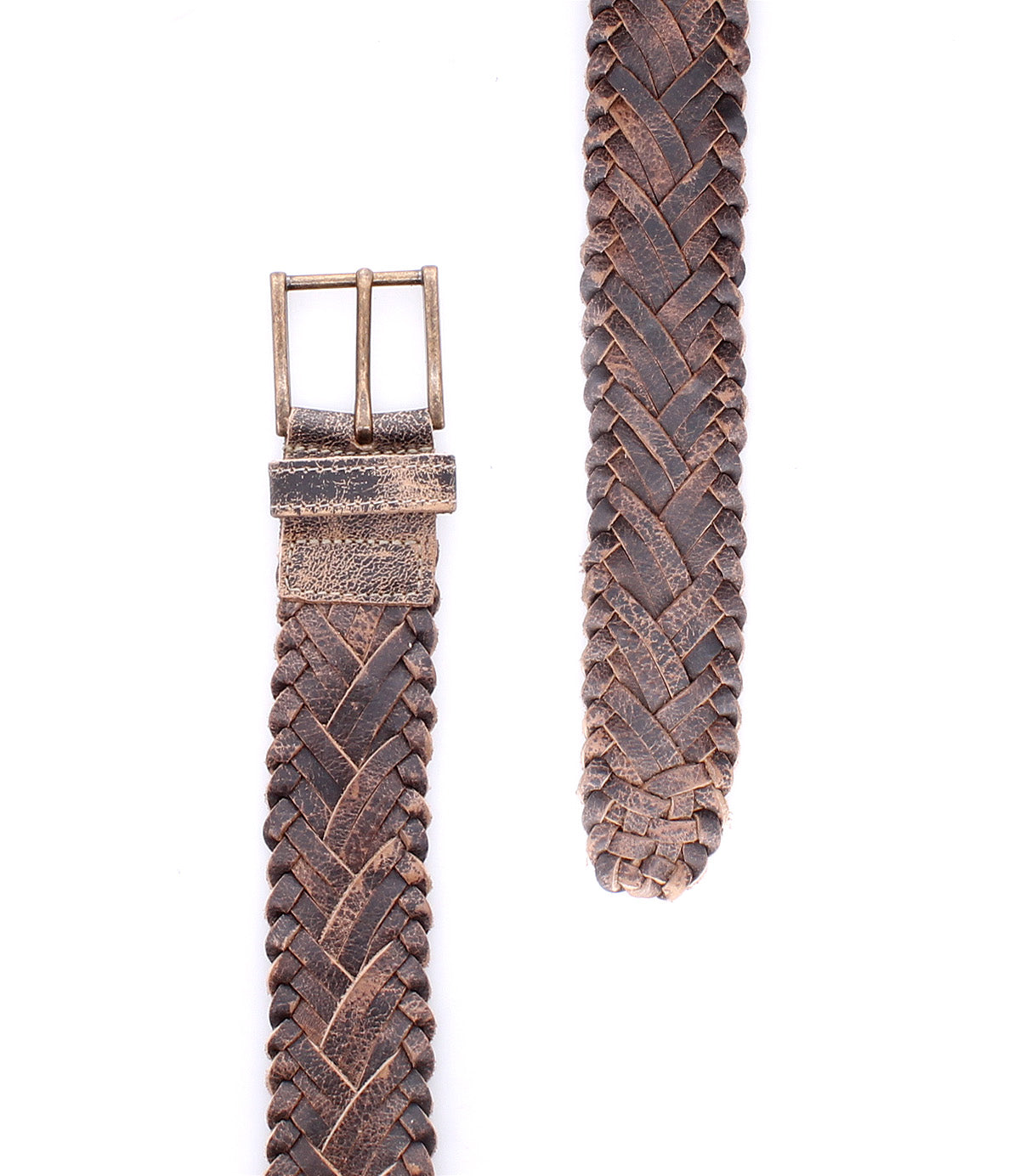 The Bed Stu Proem belt, featuring handwoven leather and a vintage metal buckle, is displayed on a white background for a rustic casual look.
