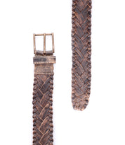 The Bed Stu Proem belt, featuring handwoven leather and a vintage metal buckle, is displayed on a white background for a rustic casual look.