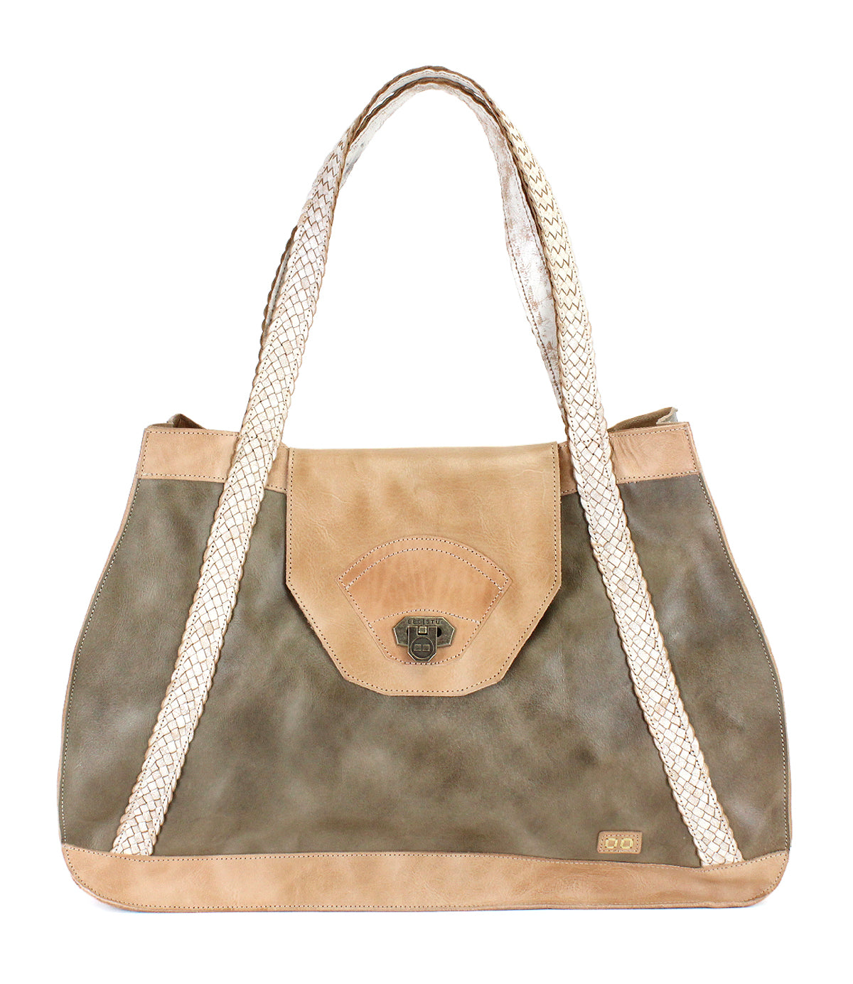 Introducing Proper by Bed|Stü: a spacious tote handbag crafted from large panels of vegetable-tanned leather in tan and olive hues. It features handwoven cream handles, a front flap with a clasp closure, and an organic cotton-lined interior for a refined finish.