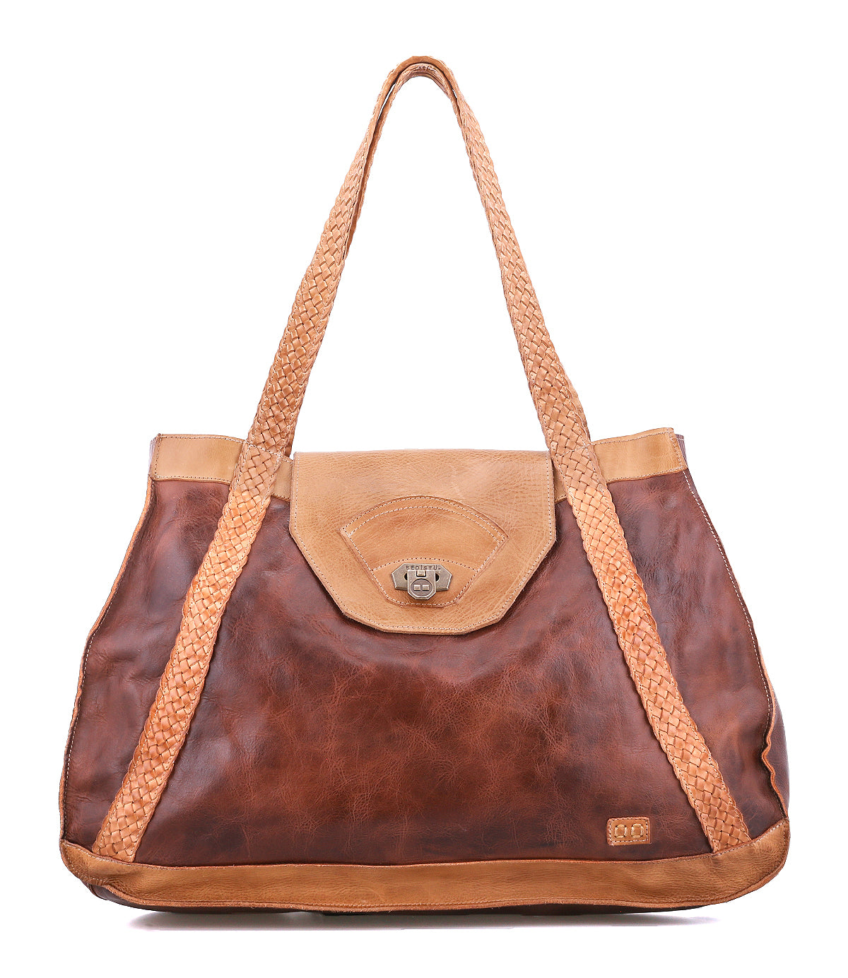 The Proper tote by Bed|Stü is a spacious, vegetable-tanned leather bag in a rich brown shade, featuring handwoven braided shoulder straps, a front clasp, and a subtle metal logo plate on the lower right corner. Its interior is lined with organic cotton for enhanced durability and comfort.