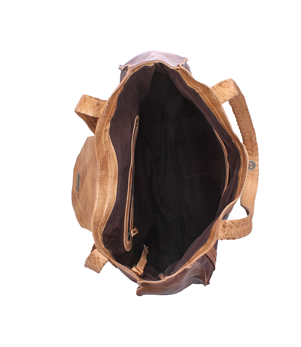Top view of the Bed|Stü Proper everyday tote bag in brown leather, featuring visible interior lining, an inner zippered pocket, and two handwoven straps, displayed on a white background.