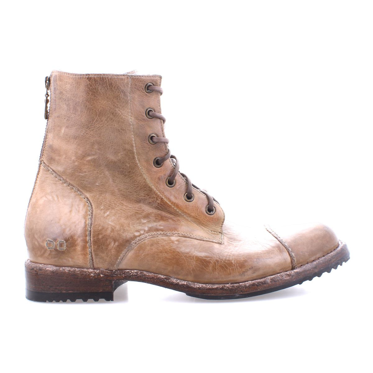 The white background showcases the Bed Stu Protege brown leather lace-up combat boots with a rear zipper, rugged sole, robust traction, and Goodyear welt construction for durability.