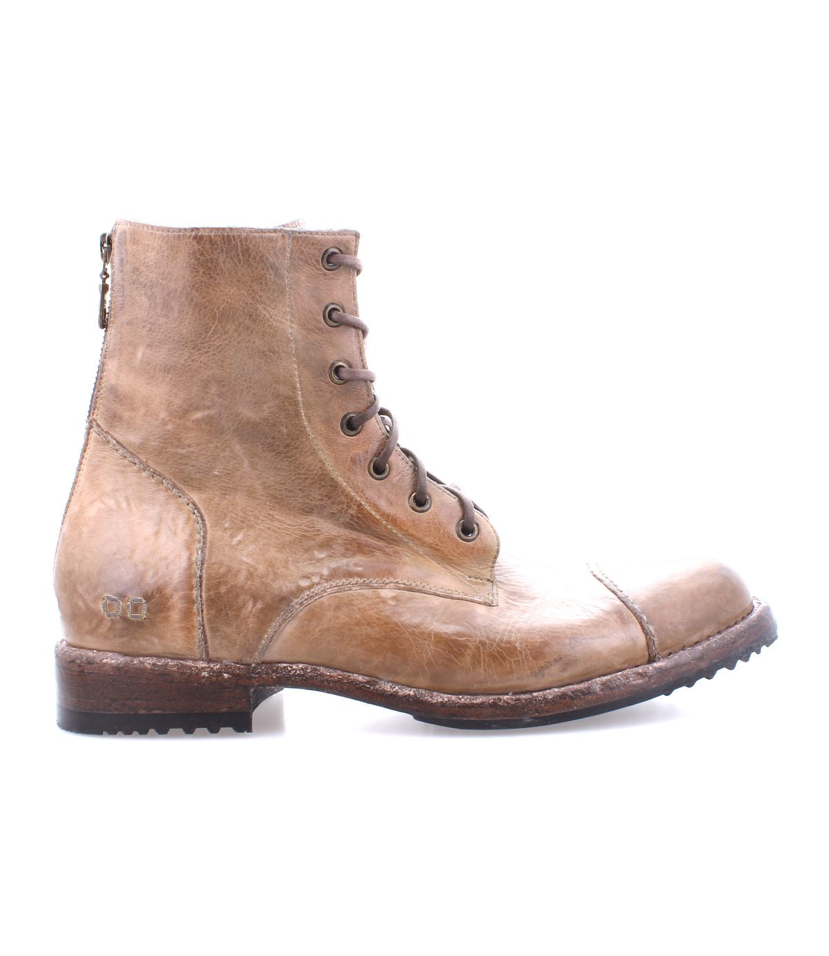 The white background showcases the Bed Stu Protege brown leather lace-up combat boots with a rear zipper, rugged sole, robust traction, and Goodyear welt construction for durability.
