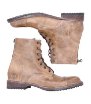 The Protege combat boots by Bed Stu feature brown leather with lace-up design, strong traction, and side zippers, displayed from side and bottom views.