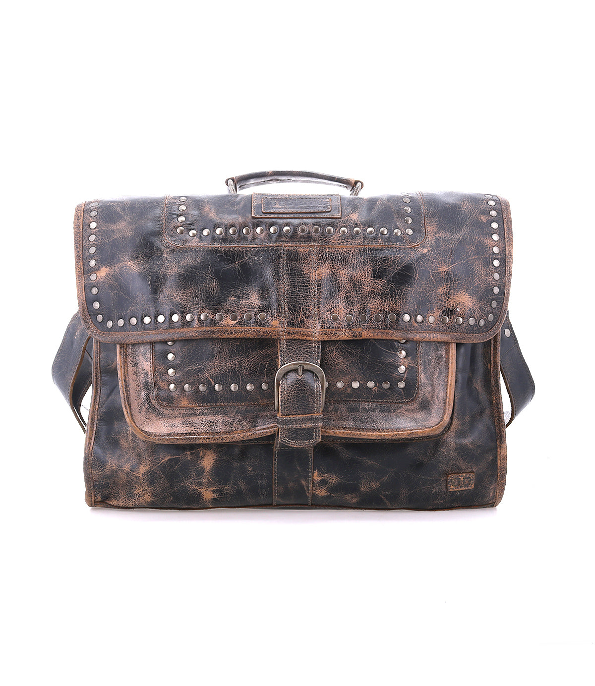The Bed Stu Pub is a distressed brown leather satchel featuring studded details, a sturdy metal buckle, top handle, and adjustable shoulder strap. Its stylish and functional design is showcased against a white background.