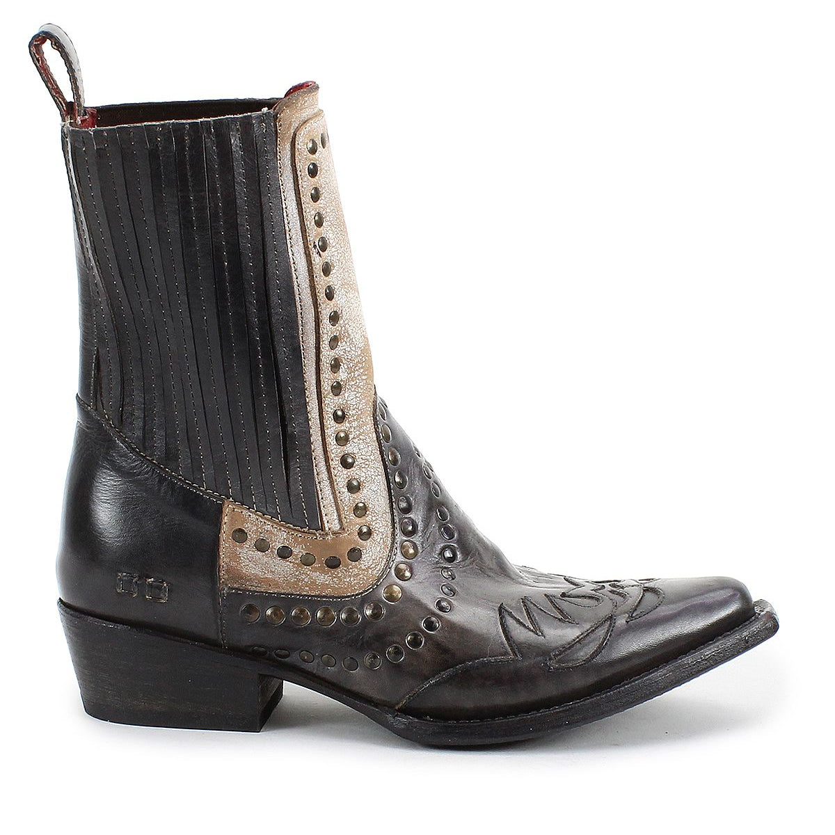 A single black Western boot called "Raise" by Bed Stu, featuring studded accents, decorative stitching, a low heel, and a pull tab.