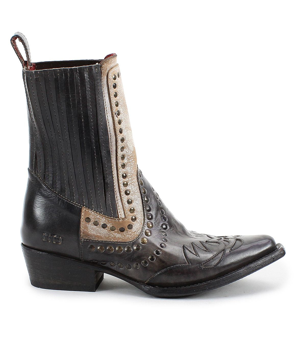 A single black Western boot called "Raise" by Bed Stu, featuring studded accents, decorative stitching, a low heel, and a pull tab.