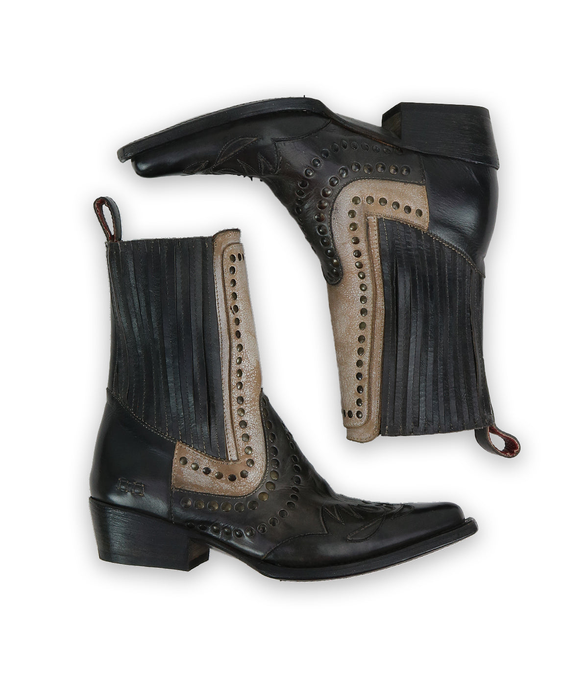 A pair of black and brown Bed Stu "Raise" Western boots featuring decorative stitching and vibrant studded accents, positioned side by side on a white background.