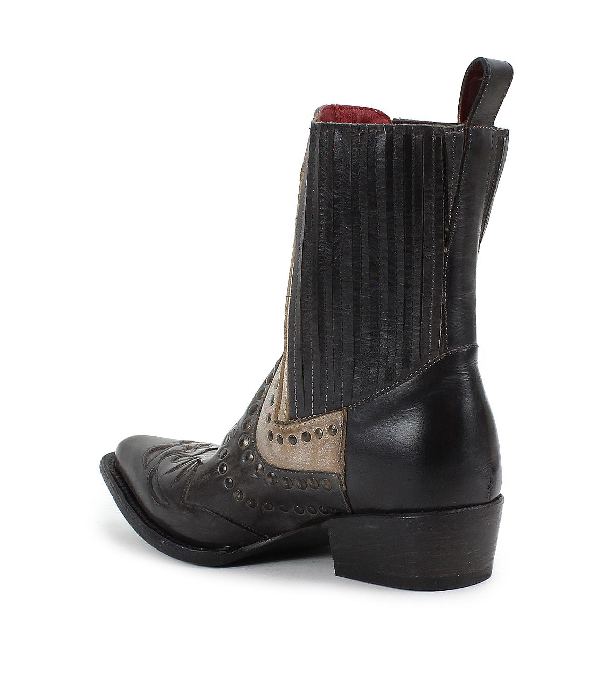The "Raise" by Bed Stu is a black and brown western-style ankle boot that features vibrant color combinations, complemented by decorative stitching and stud detailing.