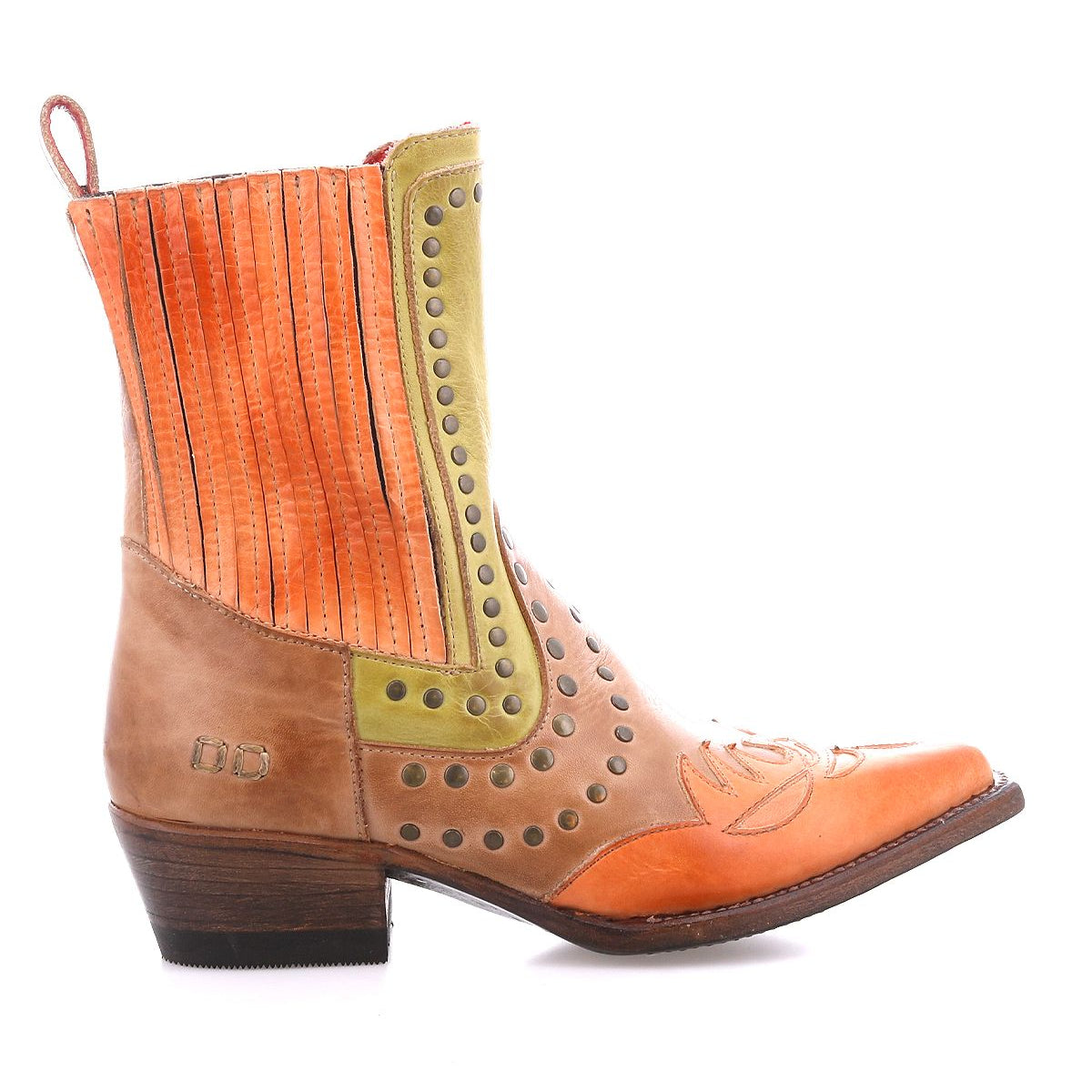 Discover the Bed Stu Raise boot, showcasing a vibrant blend of brown and orange with western stitching, brass studs, and a low wooden heel.