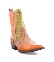 Introducing the Bed Stu Raise boot, a Western-inspired piece with multicolored hues, signature stitching, round perforations, and a low heel for a unique style statement.