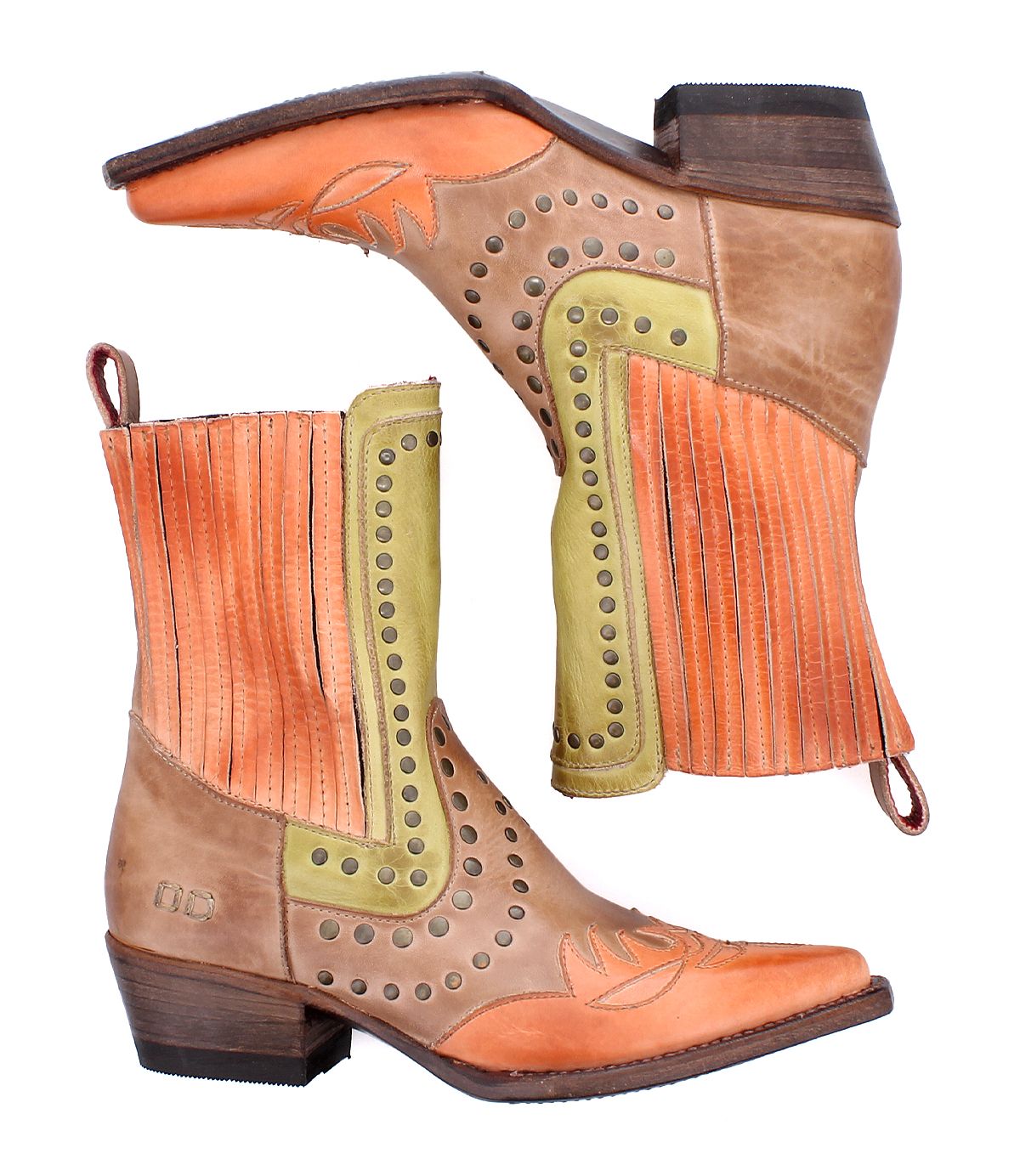 The "Raise" boots by Bed Stu feature vibrant Western-inspired orange, green, and brown leather designs with fringe details and metal studs, showcasing signature stitching. Displayed sideways.