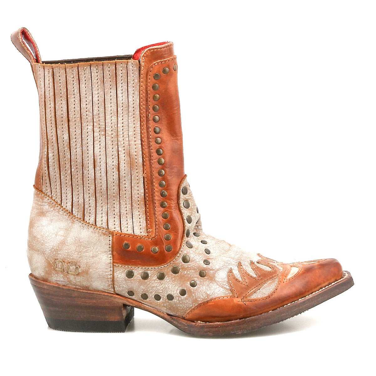 The Bed Stu Raise is a single Western-inspired boot with studded accents, decorative stitching, a snip toe, and a mix of tan, brown, and cream leather panels, shown in profile.