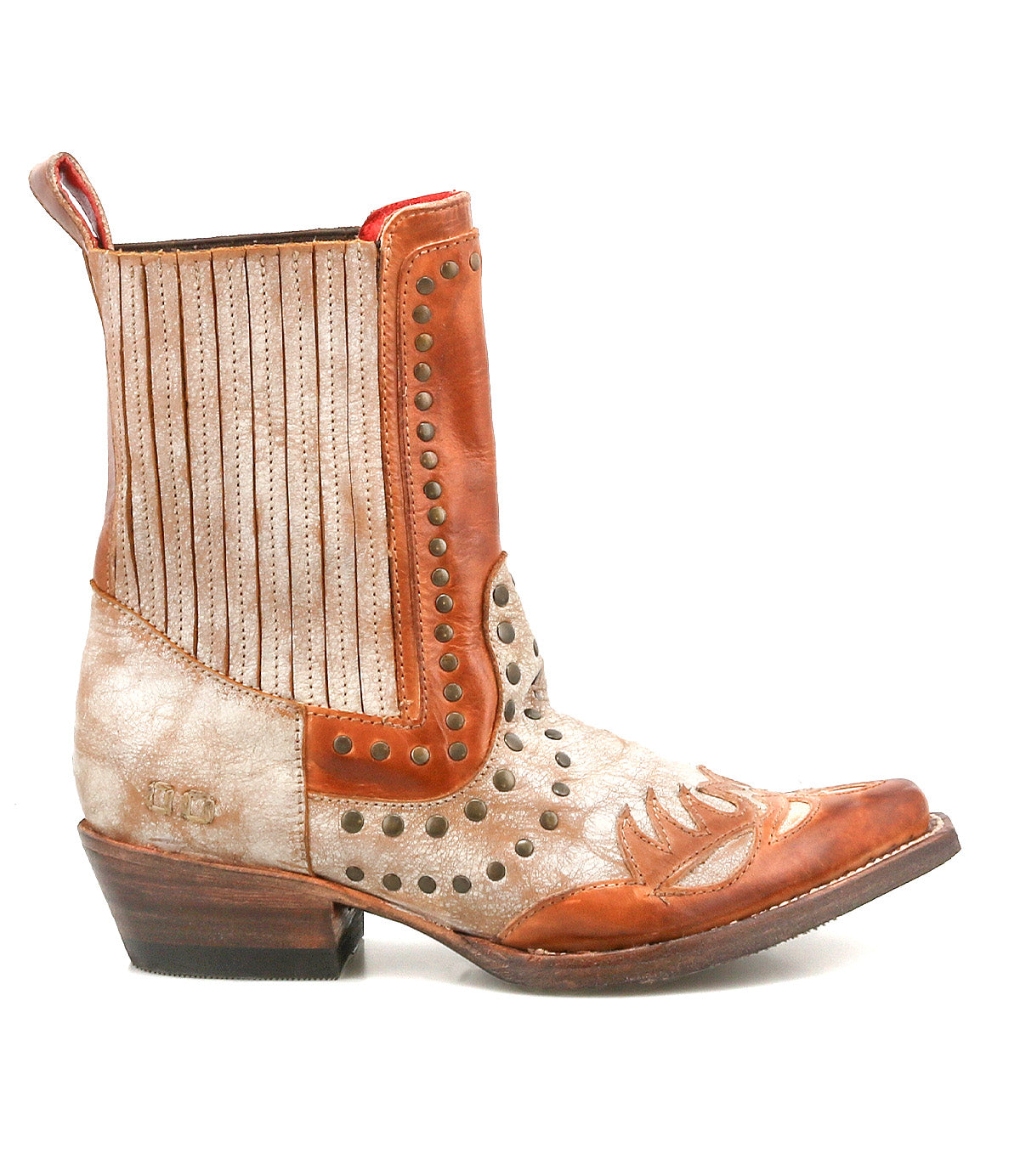 The Bed Stu Raise is a single Western-inspired boot with studded accents, decorative stitching, a snip toe, and a mix of tan, brown, and cream leather panels, shown in profile.