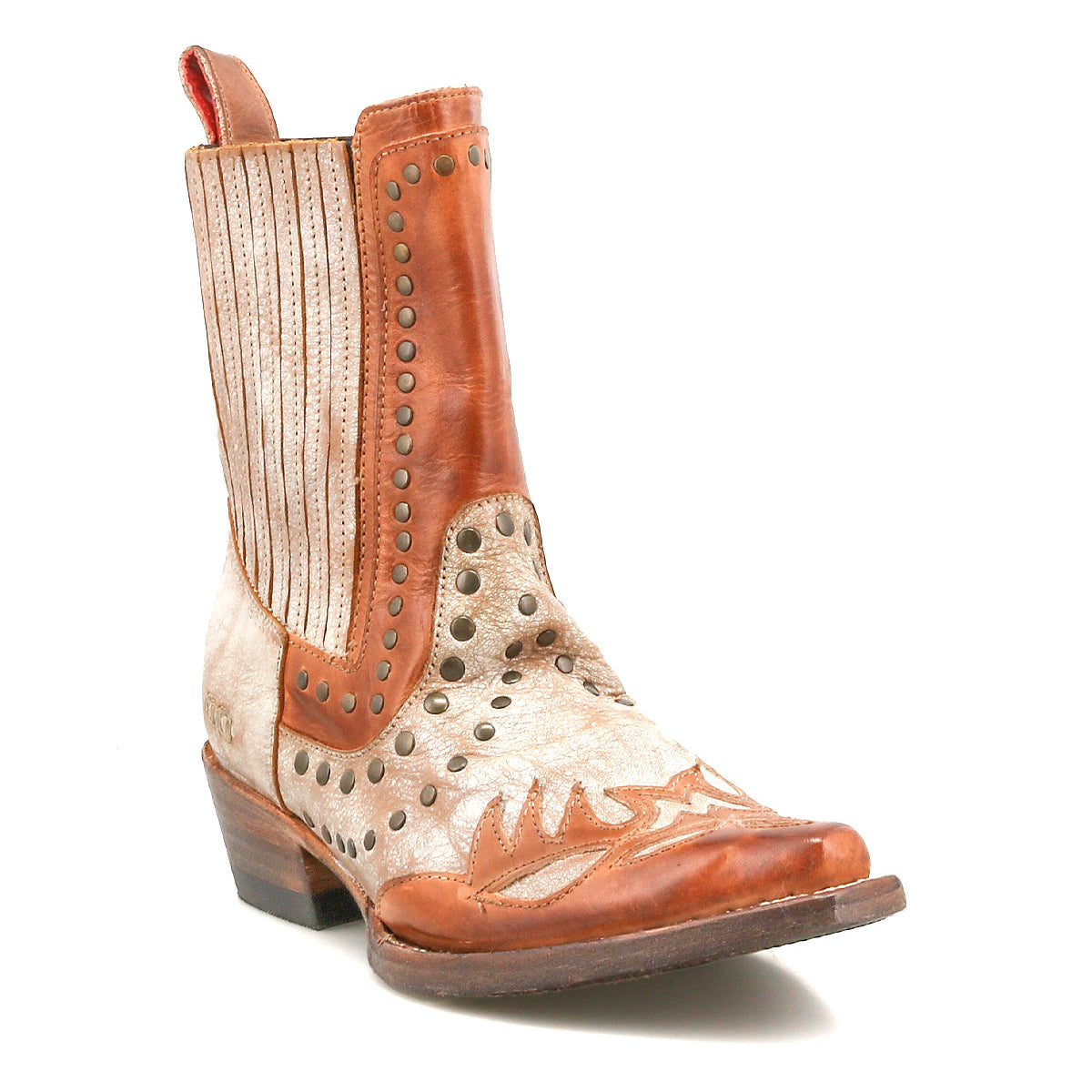 The Bed Stu Raise is a brown and beige leather Western-inspired boot featuring decorative stitching, studded accents, a low heel, and a snip toe for timeless style.