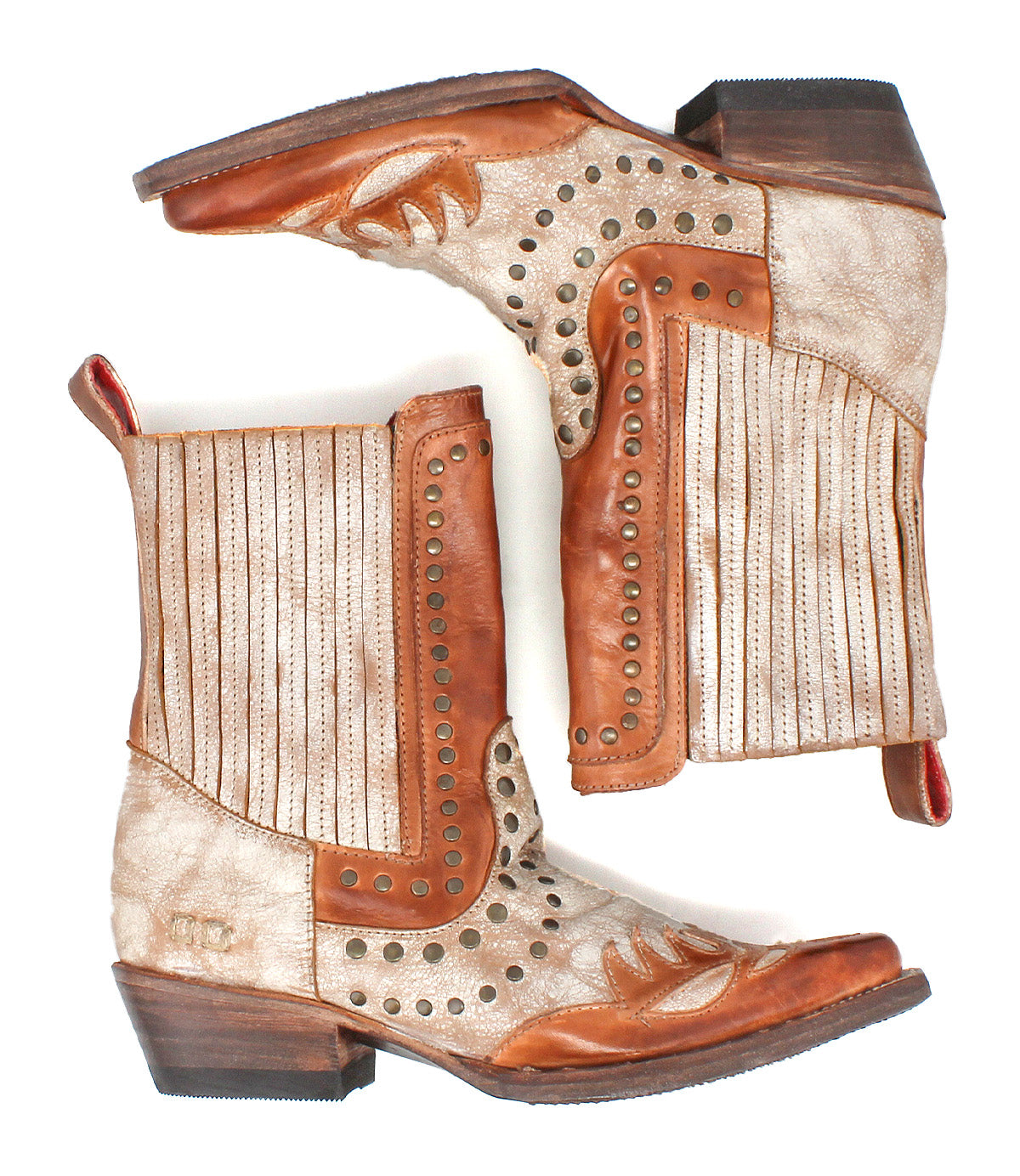 The Bed Stu Raise boots, featuring tan and brown leather, Western-inspired design, decorative stitching, snip toe, and studded accents, are displayed side by side on a white background.