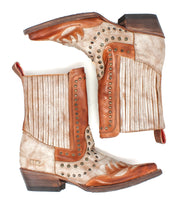 The Bed Stu Raise boots, featuring tan and brown leather, Western-inspired design, decorative stitching, snip toe, and studded accents, are displayed side by side on a white background.