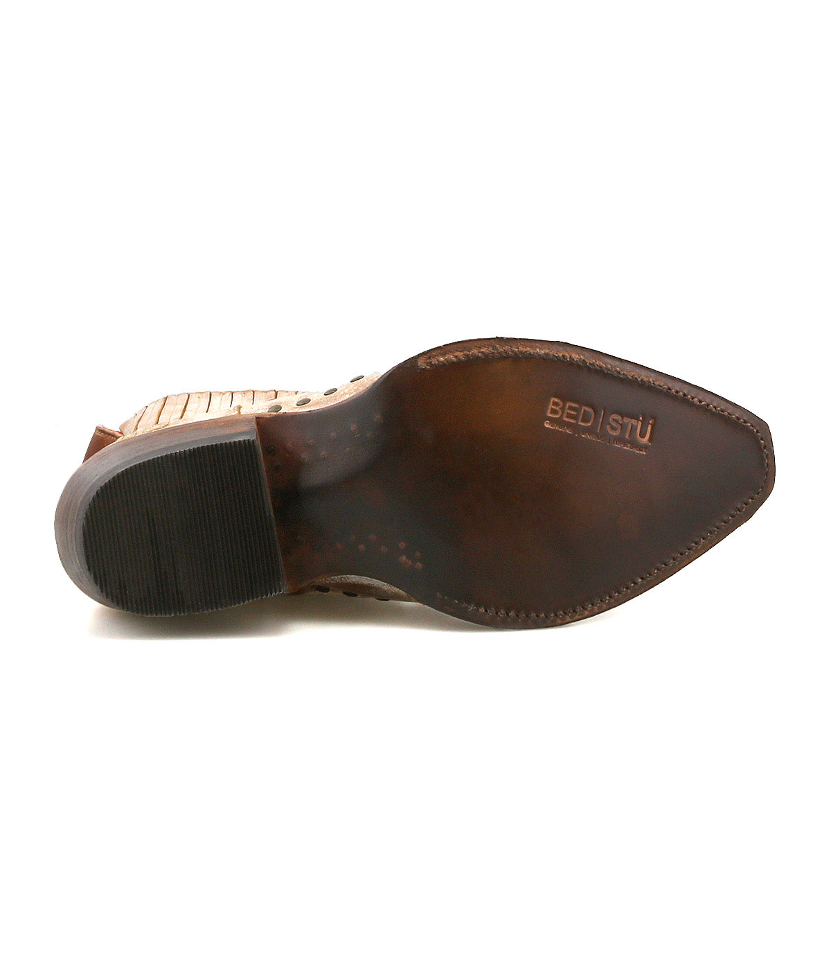 The underside of the Bed Stu Raise brown dress shoe displays its sole with the Bed Stu logo near the toe, combining Western-inspired elements with a refined finish.